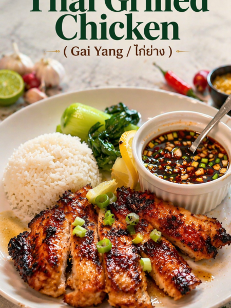 A top-down view of Authentic Thai Grilled Chicken (Gai Yang) served in a bowl with fresh herbs, a side of Nam Jim Jaew dipping sauce, and sliced lemons on a rustic wooden table.