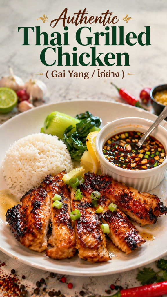 A top-down view of Authentic Thai Grilled Chicken (Gai Yang) served in a bowl with fresh herbs, a side of Nam Jim Jaew dipping sauce, and sliced lemons on a rustic wooden table.
