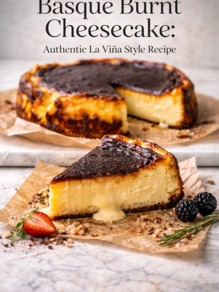 Basque Burnt Cheesecake slice on a white plate showing dark caramelized top and creamy custard center