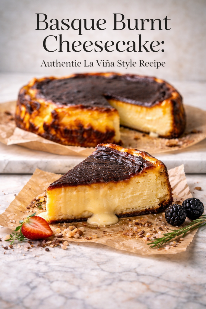 Basque Burnt Cheesecake slice on a white plate showing dark caramelized top and creamy custard center