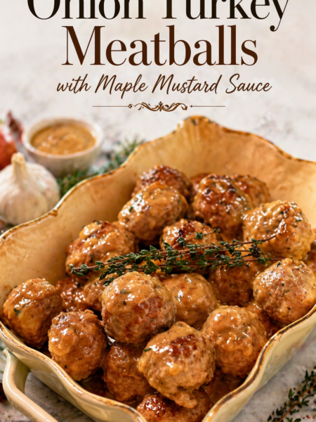 A 3/4 angle shot of glistening turkey meatballs in a cream-colored ceramic baking dish, drizzled with maple mustard sauce and topped with fresh thyme, set against a marble background with professional typography.