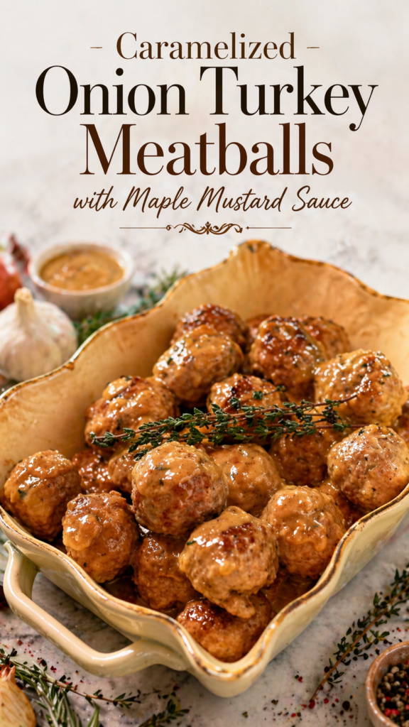 A 3/4 angle shot of glistening turkey meatballs in a cream-colored ceramic baking dish, drizzled with maple mustard sauce and topped with fresh thyme, set against a marble background with professional typography.