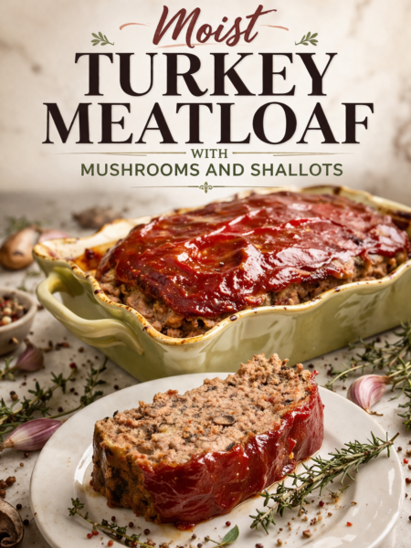 Moist turkey meatloaf with mushrooms and shallots sliced on a cutting board showing juicy interior and sticky BBQ-ketchup glaze