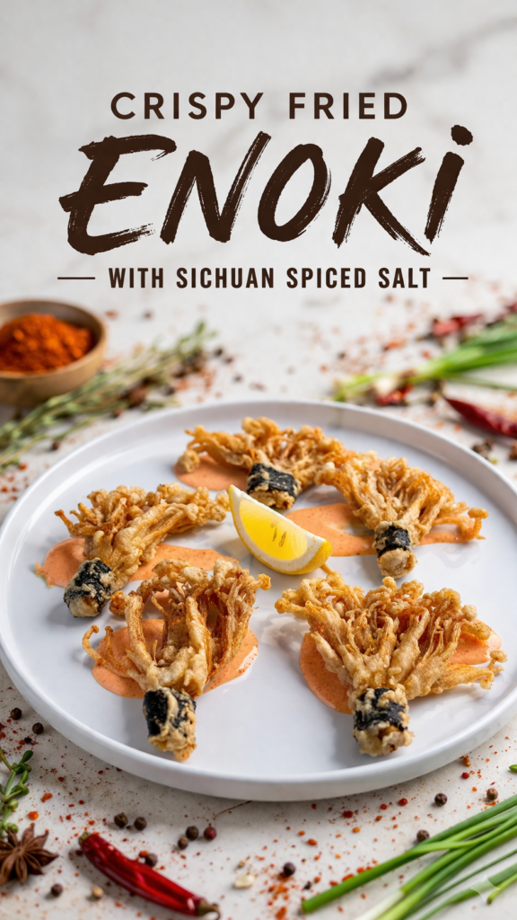 Crispy fried enoki bundles wrapped in nori, dusted with Sichuan spiced salt, served on a wire rack with lemon wedges and spicy mayo dip.