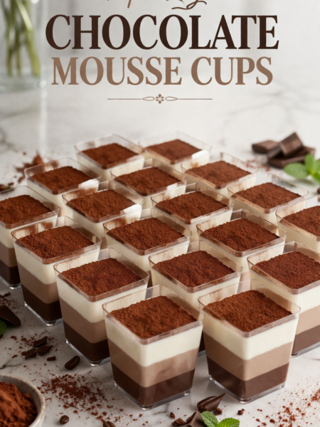 Triple layer chocolate mousse squares stacked on a white plate with cocoa powder dusted on top and a fork resting beside them.