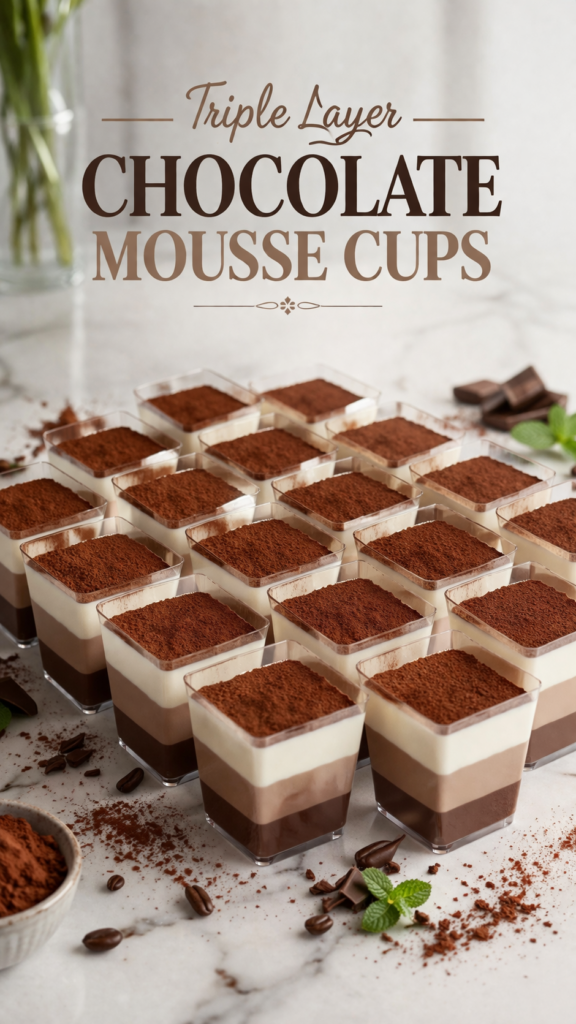 Triple layer chocolate mousse squares stacked on a white plate with cocoa powder dusted on top and a fork resting beside them.