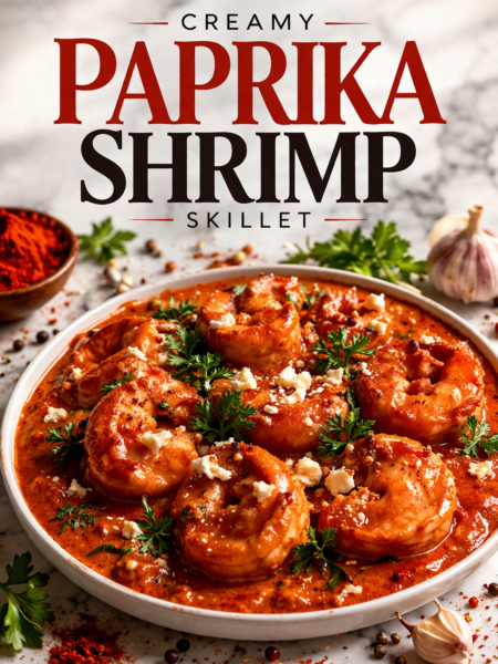 creamy paprika shrimp skillet served over white rice with parsley and lemon wedge