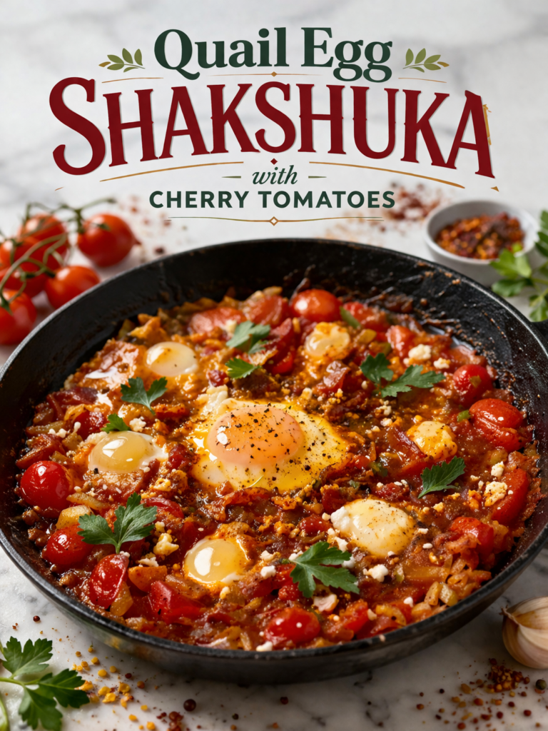 Mini quail egg shakshuka in a cast iron skillet with cherry tomatoes, feta, and parsley.