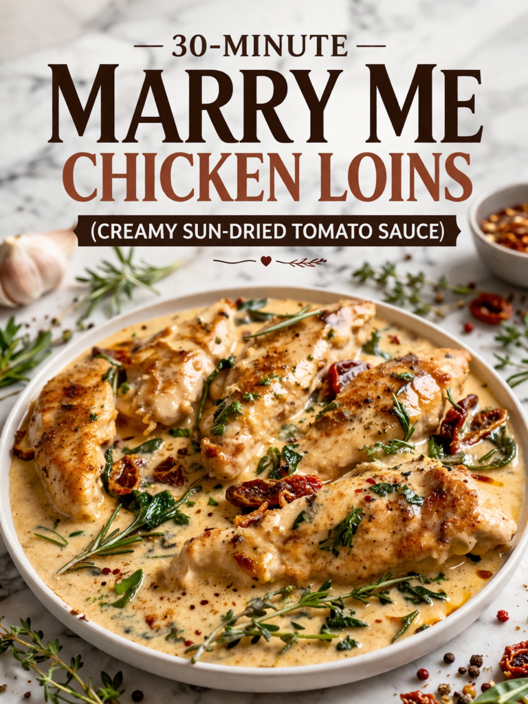 30-minute marry me chicken loins in creamy sun-dried tomato Parmesan sauce with fresh basil in a skillet