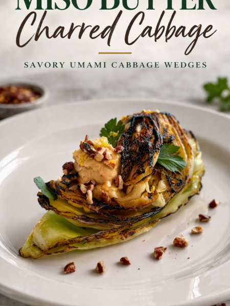 Miso butter charred cabbage wedges on a white plate, drizzled with brown butter miso sauce and topped with toasted walnuts and fresh parsley.