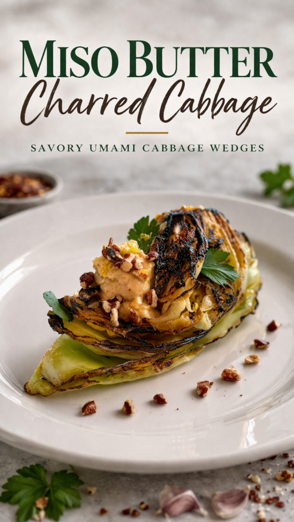 Miso butter charred cabbage wedges on a white plate, drizzled with brown butter miso sauce and topped with toasted walnuts and fresh parsley.
