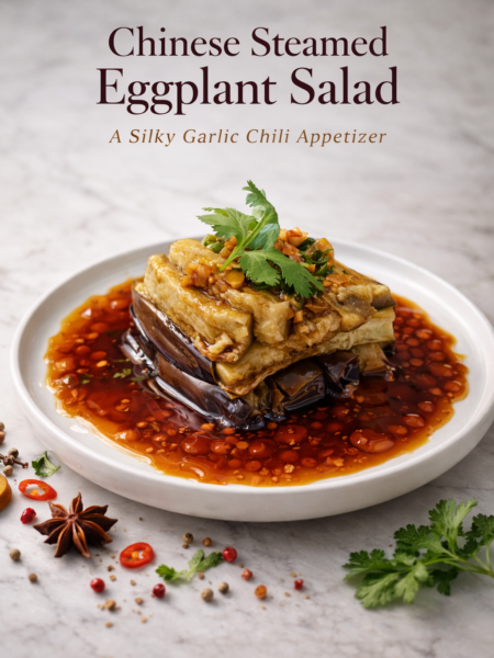 Chinese steamed eggplant salad hand-torn silky eggplant with garlic chili oil cilantro and sesame seeds in white bowl