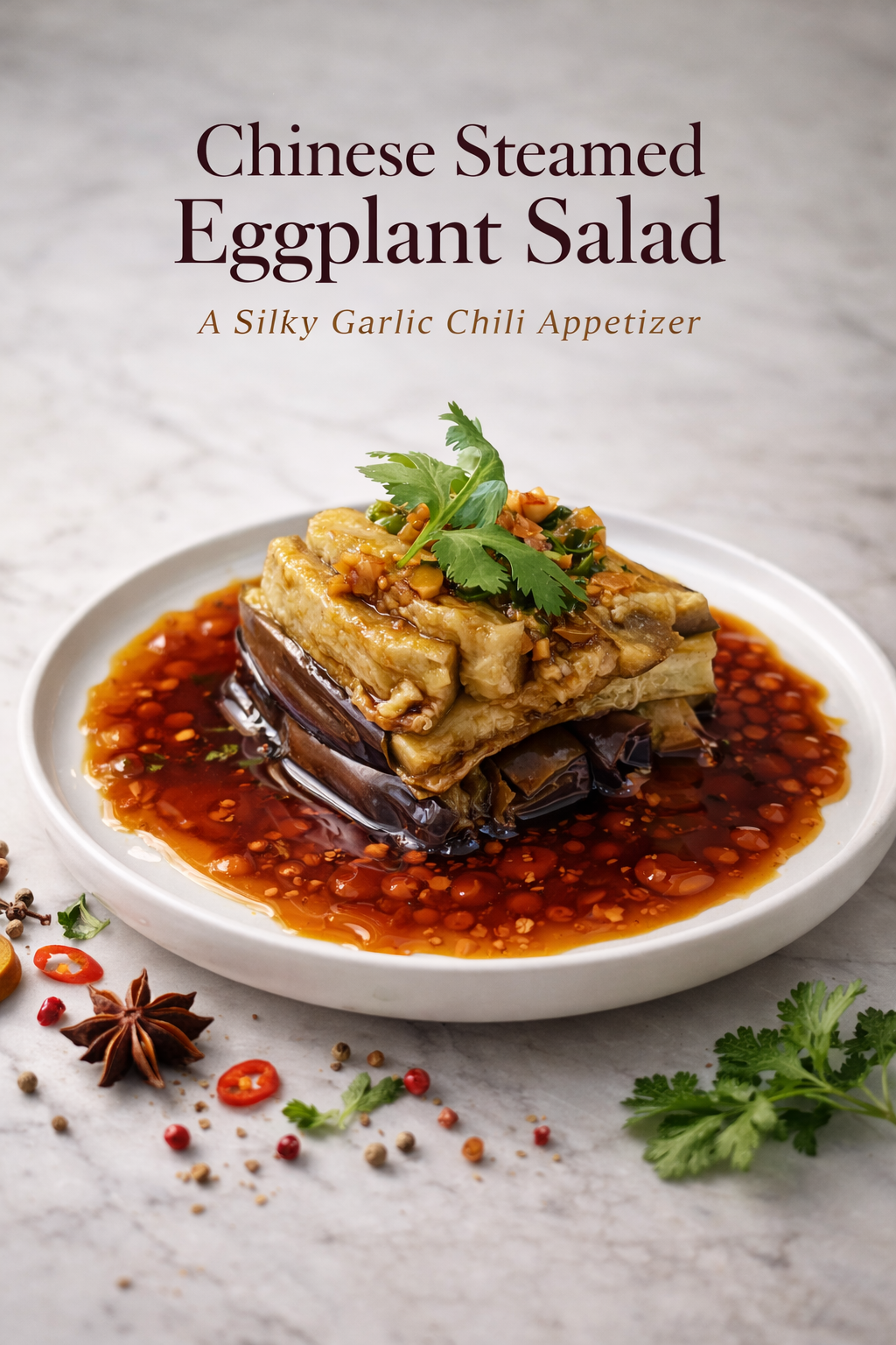 Chinese steamed eggplant salad hand-torn silky eggplant with garlic chili oil cilantro and sesame seeds in white bowl