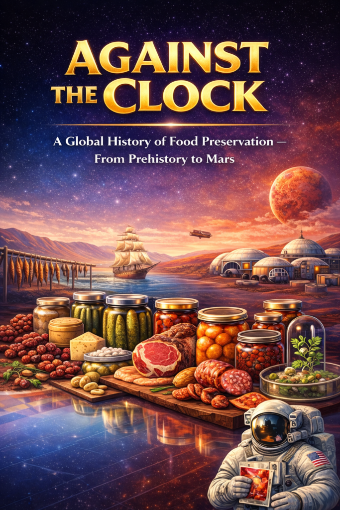Against the Clock: A Global History of Food Preservation—From Prehistory to Mars book cover showing salt, smoke, microbes, and fermentation techniques through the ages.